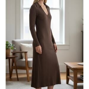 Ninety Percent Women's Ribbed Collar Long Sleeves Midi Dress XL Brown